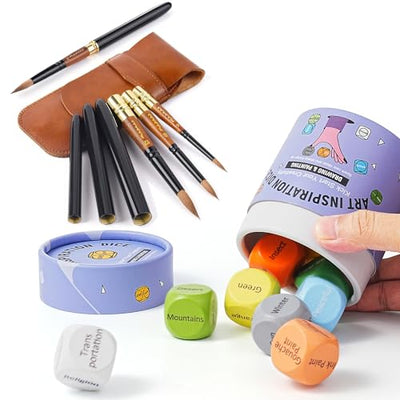 Kolinsky Travel Watercolor Brushes & Inspiration Art Dice, Fuumuui 3Pcs Plein Air Kolinsky Sable Watercolor Brushes With Wooden Art Dice for Adults,