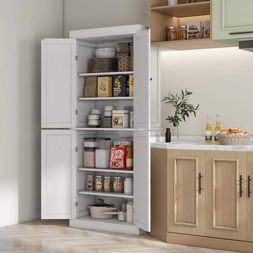 HOMCOM 72.5" Kitchen Pantry Storage Cabinet, Freestanding Kitchen Cabinet with 4 Doors and Adjustable Shelves for Dining Room, White Wood Grain HOMCOM