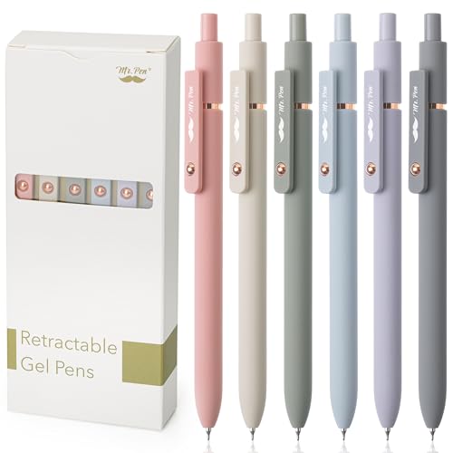 Mr. Pen- Retractable Gel Pens with Rose Gold Ring and Ball, 6 Pack, Morandi Barrels, Japanese Black Gel Pens, Fast Dry, Gel Pens Fine Point 0.5mm, Mr. Pen