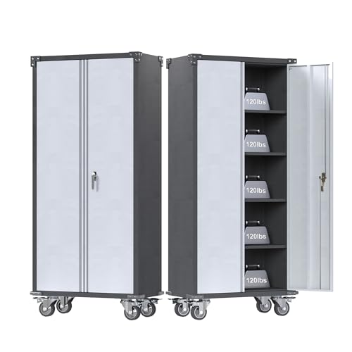 Waqiv 71" Metal Storage Cabinet with Wheels,Garage Storage Cabinet with Locking Doors and 4 Shelves,Lockable Rolling Tool Cabinet for Home Waqiv