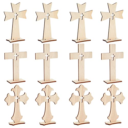 12 Pack Wooden Crosses for Crafts, Unfinished Wood Crosses for Centerpieces, Decor (3 Sizes) Bright Creations