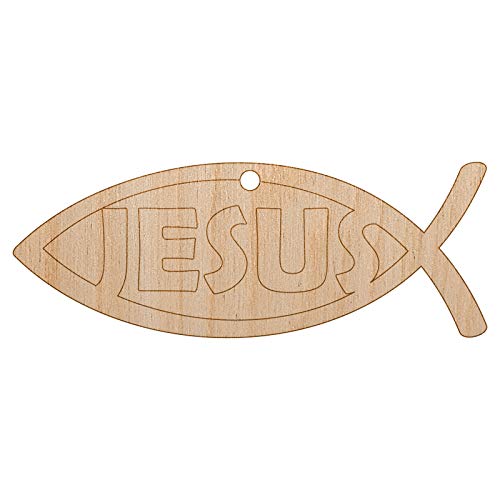 Jesus Ichthys Fish Christian Sketch Unfinished Craft Wood Holiday Christmas Tree DIY Pre-Drilled Ornament Sniggle Sloth