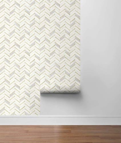 NextWall Chevron Faux Marble Tile Peel and Stick Wallpaper (Metallic Gold & Pearl Gray) NextWall
