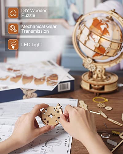 Rowood 3D Puzzles for Adults, DIY Wooden Model Kit for Adults to Build, STEM Mechanical Building Kit with LED, Birthday Luminous Globe RoWood