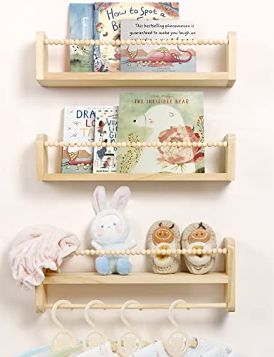 Maxpeuvon Natural Wood Nursery Floating Shelves Set of 3 with Towel Bar Maxpeuvon