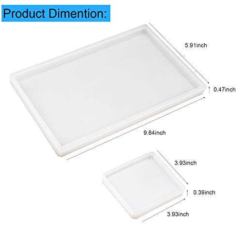 RESINWORLD Resin Tray Mold, 1Pc Thick Rectangle Tray Mold with 4 Pack Square Coaster Molds, Shiny Flat Edge Coaster Tray Silicone Mold for Resin ResinWorld