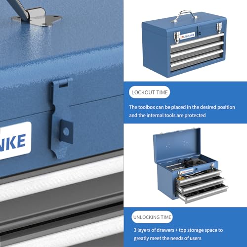LARBANKE Portable Tool Box,with 3 Drawers and Top Storage Tray,Lockable Metal Tool Chest Cabinet,3-Drawer Tool Box with Liner,for LARBANKE