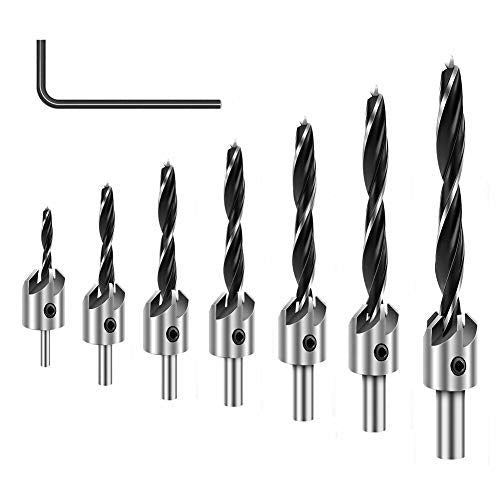 COMOWARE Countersink Drill Bits Set- 7Pcs Counter Sink Bit for Wood High Speed Steel, Woodworking Carpentry Reamer with 1 Free Hex Key Wrench COMOWARE