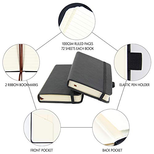 newestor (2-Pack Pocket Notebook 3.5" x 5.5", Small Hardcover Journal with Pen Holder, Inner Pockets, 100gsm Thick Ruled/Lined Paper, Black newestor