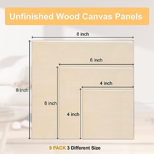 9 Pack Wood Canvas Boards Wood Panel Boards Unfinished Wood Canvas Panels Square Wood Panels Wooden Panels, Blank Wooden Canvas for Painting, Voittozege