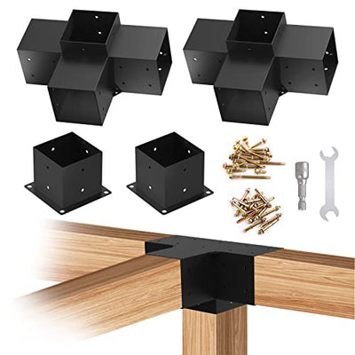 Kinchoix 6x6 Woodworks Pergola Brackets Kit, 4-Way Corner Extension Brackets, Black Powder Coated, 6x6 Metal Brackets for Wood Beams, Fence, Shed and