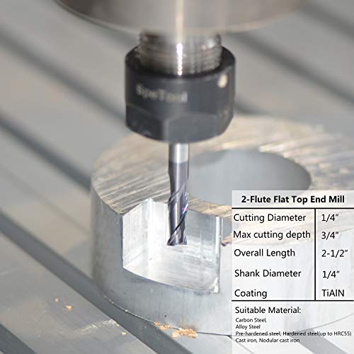 SpeTool 5PCS 2 Flutes Square Nose End Mill Set Power Milling Machine Carbide Upcut CNC Router Bits Tiain Coated, 1/4 inch Shank, 2 1/2 inches Long SpeTool
