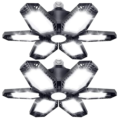 TANBABY 2 Pack LED Garage Lights, 30000LM Deformable Best Garage Light Ceiling LED Shop Lights, 150W E26/E27 LED Light Garage Lighting with 6+1 TANBABY