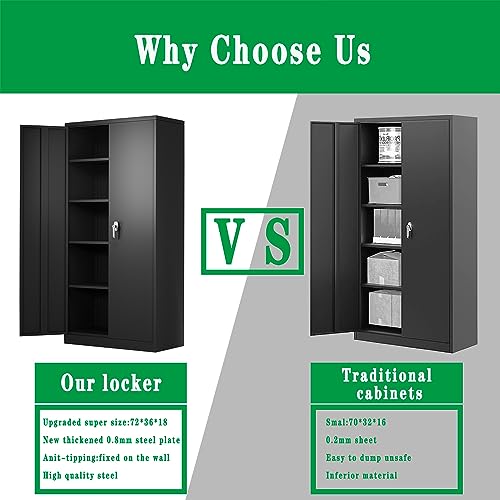 Metal Storage Cabinet, 72" Locking Metal Cabinet with 4 Adjustable Shelves, 2 Doors and Lock for Storage Office, Garage, Home, Classroom, Shop, HomJoones