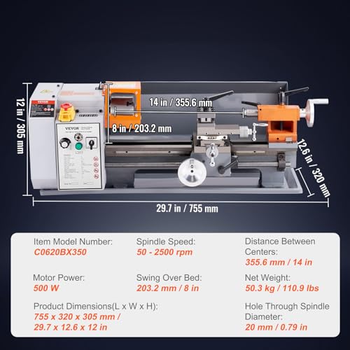 VEVOR Metal Lathe Machine, 7.87'' x 13.78'', Precision Benchtop Power Metal Lathe, 50-2500 RPM Continuously Variable Speed, 500W Brush Motor Metal VEVOR