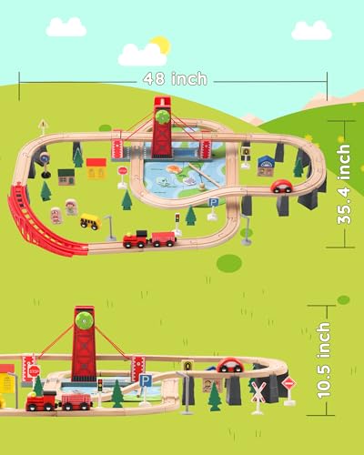 SainSmart Jr. Wooden Train Set for Toddler, 78 PCS Wood Train Track with 4 Cars Fits Brio, Thomas, Melissa and Doug, Gift Packed Toy Railway Kit for SainSmart Jr.