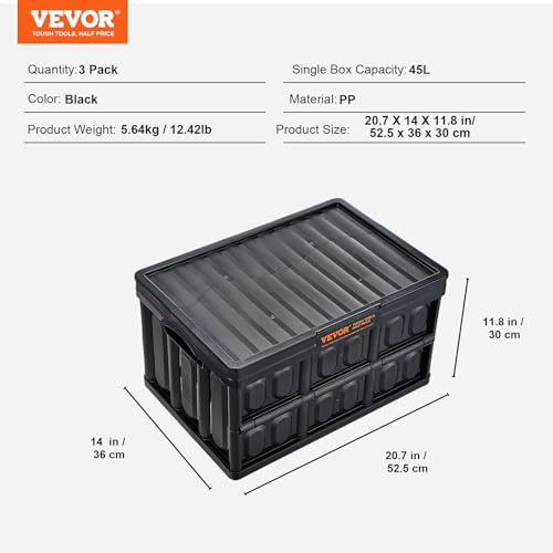 VEVOR 45L Collapsible Storage Bins with Lids 3 Packs, Stackable Utility Crates with Handles, Large Folding Containers for Organizing Tools, Toys, VEVOR