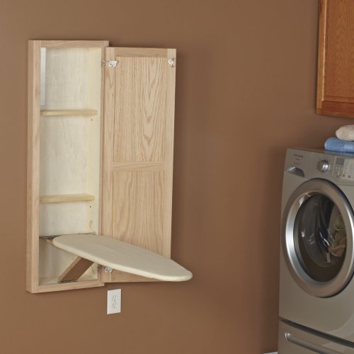 Household Essentials Ironing Board Cabinet, In-Wall Recessed Ironing Board Cabinet with Storage Shelves, Unfinished Wood, Oak Household Essentials