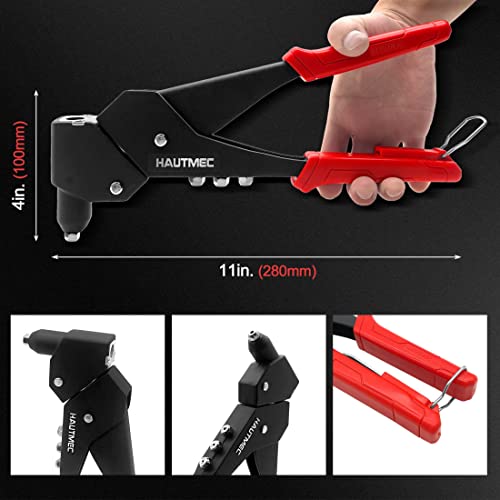 HAUTMEC Pop Rivet Gun,360° Swivel Head Hand Rivet Tool with 4 Manual Interchangeable Rivet Heads HT0128-HR HAUTMEC