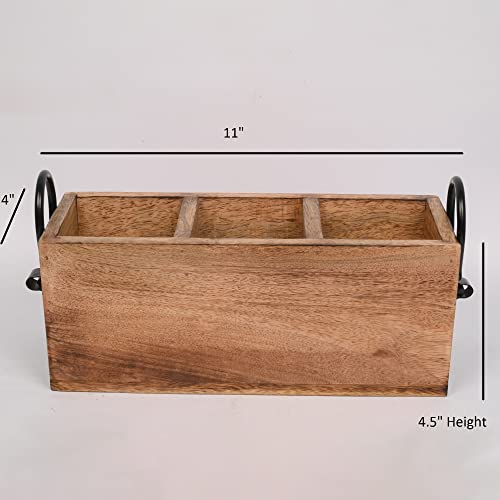Samhita Mango Wood Cutlery Holder Caddy Organizer Wooden Utensils Storage Organizer Countertop for Silverware Fork Spoon Spatula 3 compartments (11" Samhita