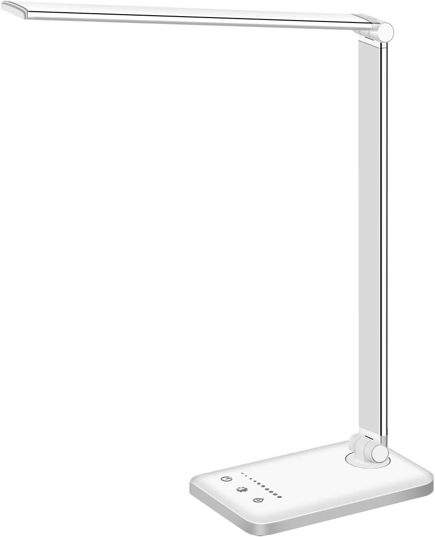 White crown LED Desk Lamp Dimmable Table Lamp Reading Lamp with USB Charging Port, 5 Lighting Modes, Sensitive Control, 30/60 Minutes Auto-Off Timer, White crown