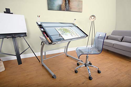 SD STUDIO DESIGNS Triflex Drawing Table, Sit to Stand Up Adjustable Office Home Computer Desk, 35.25" W X 23.5" D, Silver/Blue Glass SD STUDIO DESIGNS