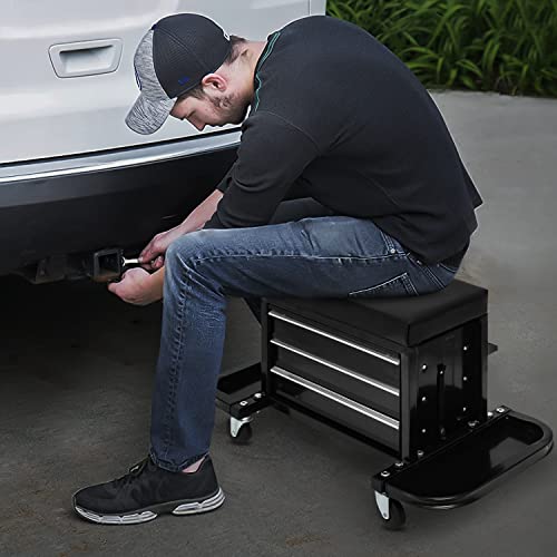 M-AUTO Rolling Mechanic Stool Garage Toolbox Stool Tool Chest Seat w/Wheels, 350LBS Capacity Padded Mechanic Stool Creeper Seat w/Drawers & Side Tool M-AUTO