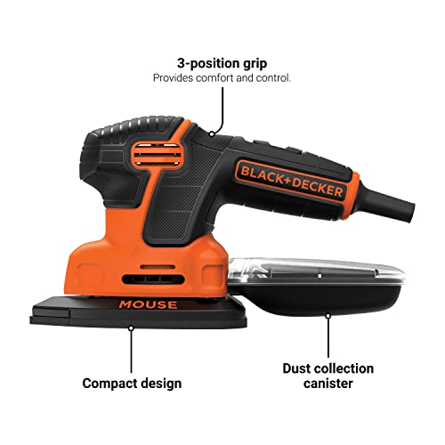 BLACK+DECKER Detail Sander, 1.2 Amp, 16,000 OPM, Compact Design, 3-Position Grip for Comfort, Includes Dust Collector, Corded (BDEMS600) BLACK+DECKER