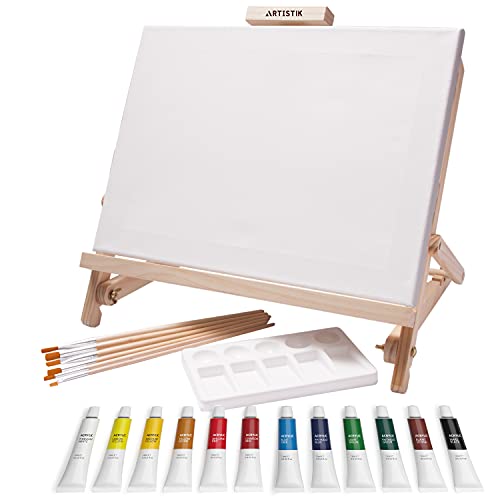 Desk Easel with Acrylic Paints - Table Top Adjustable Wooden Desktop Easel, 12 Tubes, Canvas, Paintbrushes & Palette for Painting, Sketching and ARTISTIK