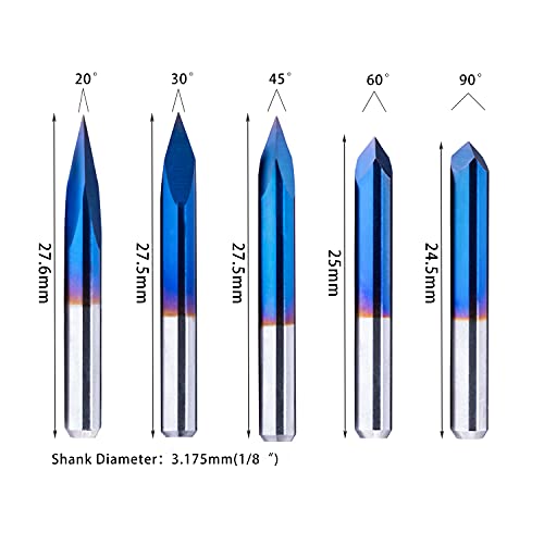 20/30/45/60/90deg 0.1mm Triangular CNC Router Bits Set, 1/8" Shank Engraving Carving V-Bit with Nano Blue Coating Sharp Pyramid Bits for Acrylic Wood FoxAlien