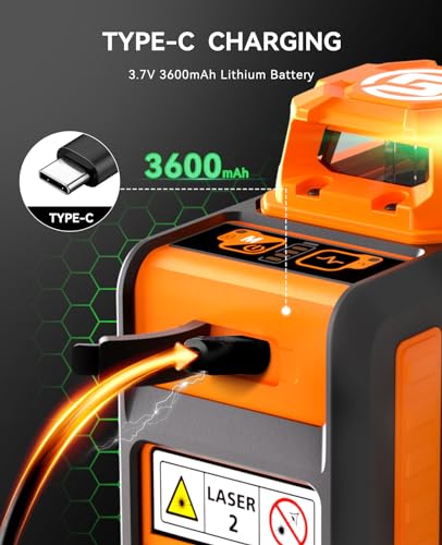 SUNPOW Laser Level 3x360° Self Leveling, Green Beam Cross Line Laser Level Tool for Construction & Picture Hanging - Build-in Li-ion Battery, Type-C SUNPOW