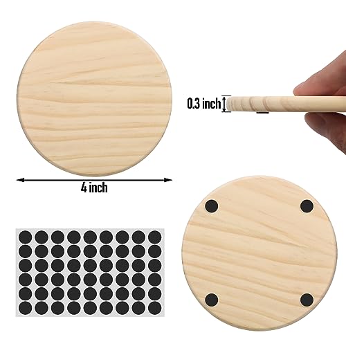 24 PCS Unfinished Round Wood Coasters, SIJDIEE 4 Inch Blank Wooden Craft Coasters with Non-Slip Foam Pad Stickers for DIY Stained Painting Wood SIJDIEE
