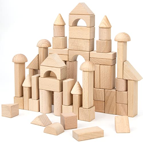 Timfuis Wooden Building Blocks Set, 80 PCS Natural Wood Stacking Block Toy with Carrying Bag, Montessori Learning Birthday Gifts for 3 4 5 Year Olds Timfuis