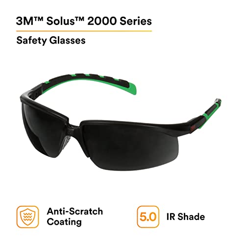 3M Safety Glasses, Solus 2000 Series, Anti-Scratch, IR Shade 5.0 Gray Lens, Black/Green Temples 3M
