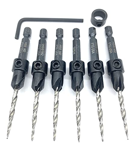 FTG USA Countersink Drill Bit Set 6 Pc #6 (9/64") Wood Countersink Drill Bit Pro Pack Countersink Set, Tapered Countersink Bit, 1 Stop Collar, Hex - WoodArtSupply