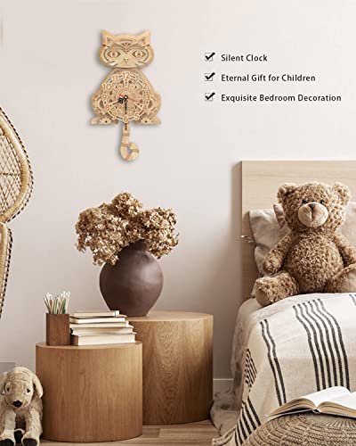 Wooden 3D Puzzles for Adults Model kit Cat Clock Kids Wall Clock Decor for Birthday Gift/Christmas Day Jigtoy