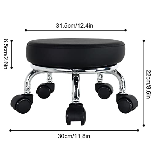 WKWKER Modern Roller Seat PU Leather Low Round Rolling Stool 360° Swivel Small Stool with Universal Caster Wheels Foot Stool for Home Office Garage WKWKER