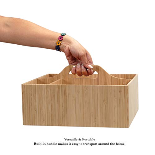 MobileVision Bamboo Multi-Purpose Caddy with Handle, 3 Sections, Sturdy Durable Carrier for Cleaning Supplies, Spray Bottles, Towels, Sponges and MobileVision