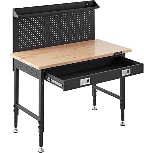 VEVOR Workbench Adjustable Height 28-39.5" Work Bench for Garage Oak Plank & Carbon Steel Heavy Duty Workbench 2000lbs Weight Capacity Bench top Size VEVOR