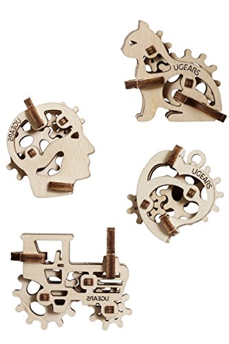 UGEARS 70029 U-Fidgets Tribiks Puzzle Pieces Set with 4 Models Anti-Stress 3D Puzzle Self Assembly Kit 4 Mini Miniature Model Mechanical Models UGears