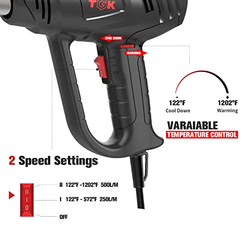Heat Gun, TGK® 1800W Heavy Duty Hot Air Gun Kit 122℉~1202℉ Dual Temperature Settings with 6 Attachments Overload Protection for Crafts, Shrink TGK