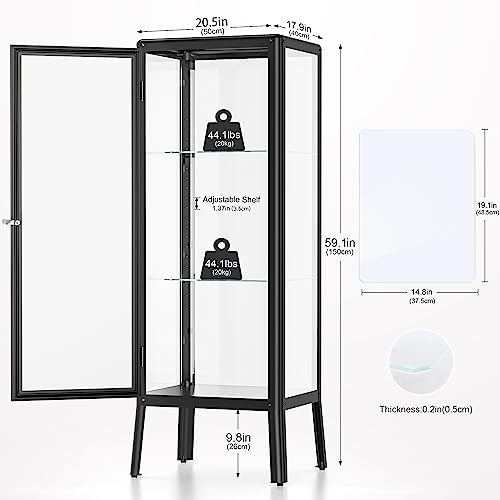 Ryoko Glass Display Cabinet with Adjustable 3-Shelf Shelves, Lock and Door, Dust-Proof, LED Light, Curio Cabinets Lego Display Case for Living Room Ryoko