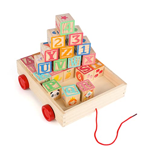 Joqutoys Wooden Building Blocks for Toddlers 1-3, Large Wood Baby Stacking Blocks Set for Kids, 30 PCS Alphabet Blocks with Toy Wagon, Educational Joqutoys