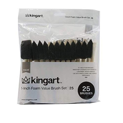 KINGART 241-25 Foam 25 Pc. Value Pack 1" Brush Set, Short Wood Handle, for Oil, Acrylic & Watercolor Paint, Great for Crafts, DIY Home Projects,