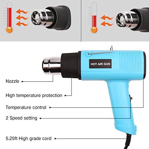 LDK Heat Gun 1200W 140℉~932℉ (60℃-500℃) Heavy Duty Hot Air Gun Kit Variable Temperature Control with 2 Temperature Settings 2 Nozzles for Crafts, LDK