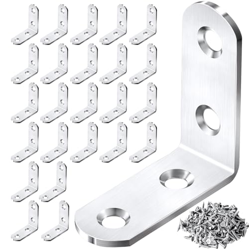 24PCS Silver L Bracket Corner Sets 90 Degree Corner Brace Metal Right Angle Bracket Stainless Steel for Wood Shelves Cabinet Furniture Tables Chairs PICRALT