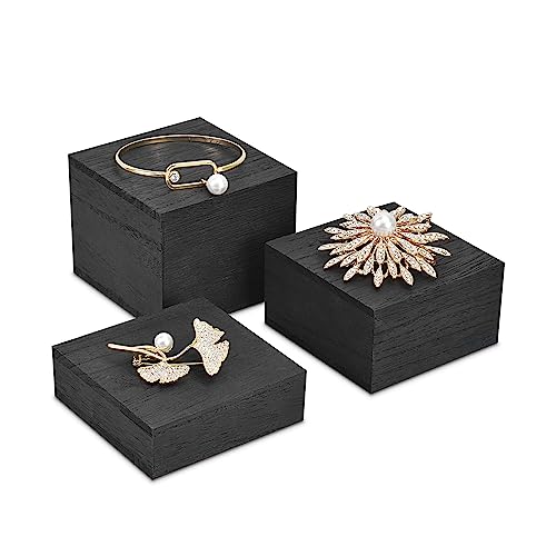 MOOCA Customizable Wooden Display Risers Set - 3 Different Height Stands for Jewelry, Watches, Cosmetics, and Accessory, Black Color MOOCA
