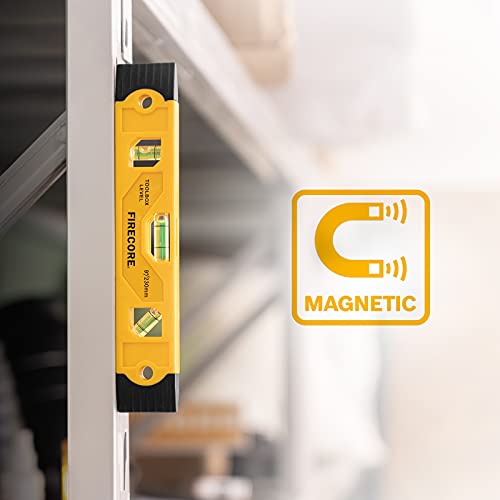 Firecore Magnetic Torpedo Level, 9-Inch Shockproof Toolbox Level with 3 Bubble Spirit Level 45 90 180 Degree Firecore