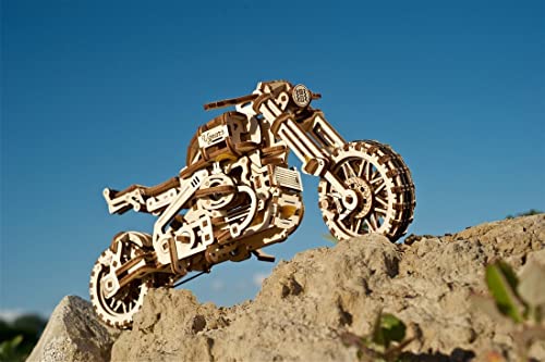 UGEARS Motorcycle with Sidecar 3D Puzzles - UGR-10 Motorcycle Scrambler Wooden Model Kits for Adults to Build - Retro Design Sidecar Motorbike Model UGEARS