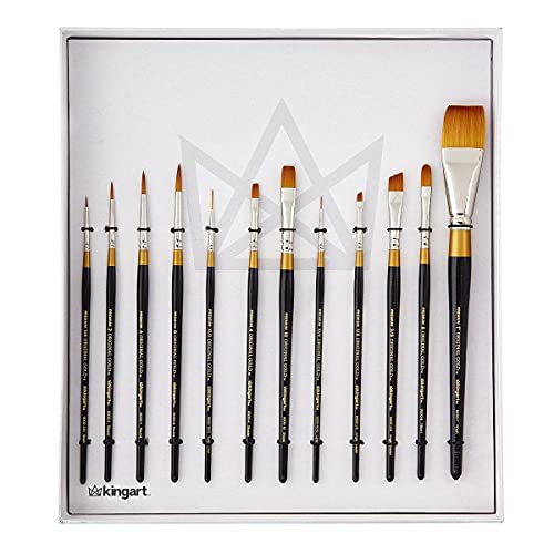 KINGART Premium Original Gold Series Handcrafted Golden Taklon Multimedia Artist Brushes, Gift Box, Set of 12, Black Glosss Handle, for Oil, Acrylic, KINGART